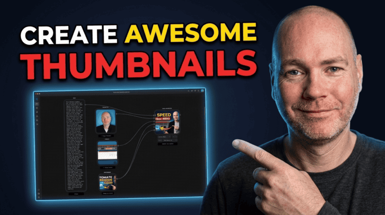 A bald man smiles and points to a screen displaying a thumbnail design workflow. The text reads: “CREATE BRILLIANT THUMBNAILS” with “BRILLIANT THUMBNAILS” in bold coloured font.