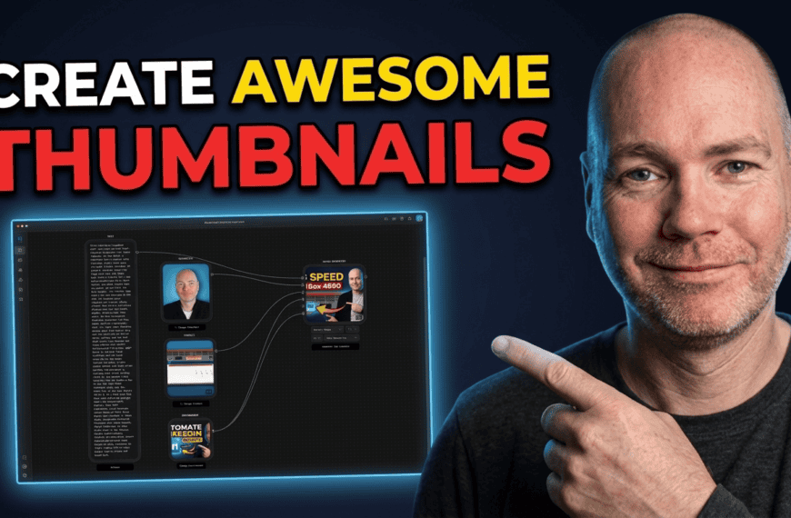 A bald man smiles and points to a screen displaying a thumbnail design workflow. The text reads: “CREATE BRILLIANT THUMBNAILS” with “BRILLIANT THUMBNAILS” in bold coloured font.