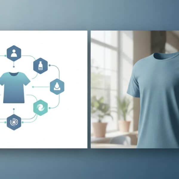 AI workflow diagram visualizing rainfrog-style ecommerce product image generation with connected nodes and a lifestyle product scene, no text.