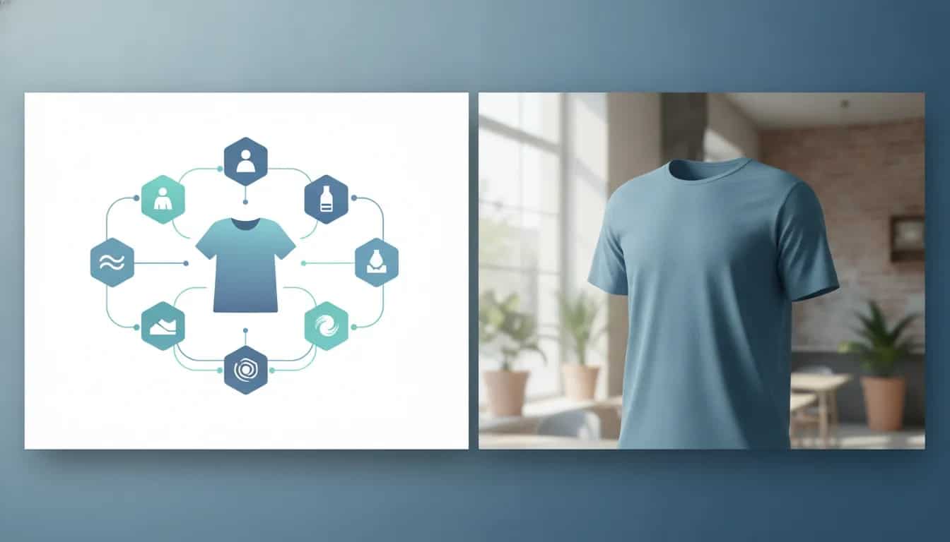 AI workflow diagram visualizing rainfrog-style ecommerce product image generation with connected nodes and a lifestyle product scene, no text.