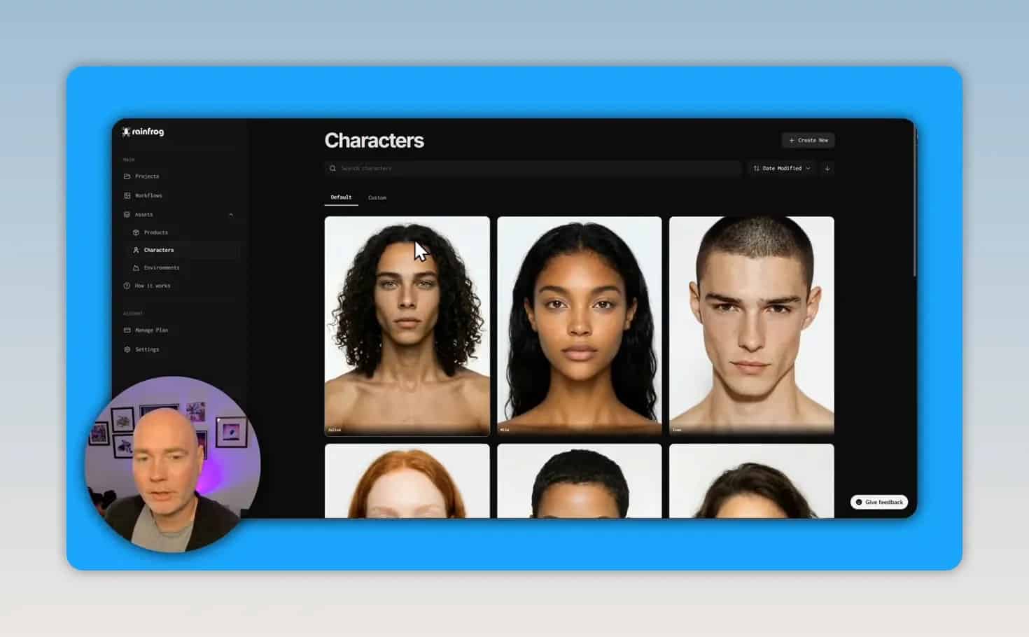 Characters library displaying a grid of model headshots