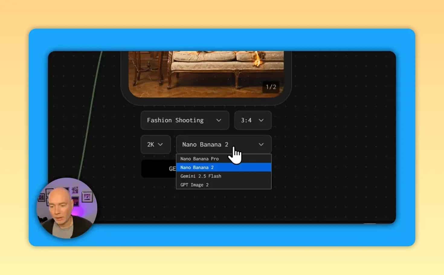 Image generator settings with resolution and model selection menus