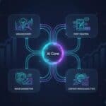 Futuristic illustration of an AI content creation workflow with glowing nodes for trending ideas, post generation, image creation, and content reach—no text.