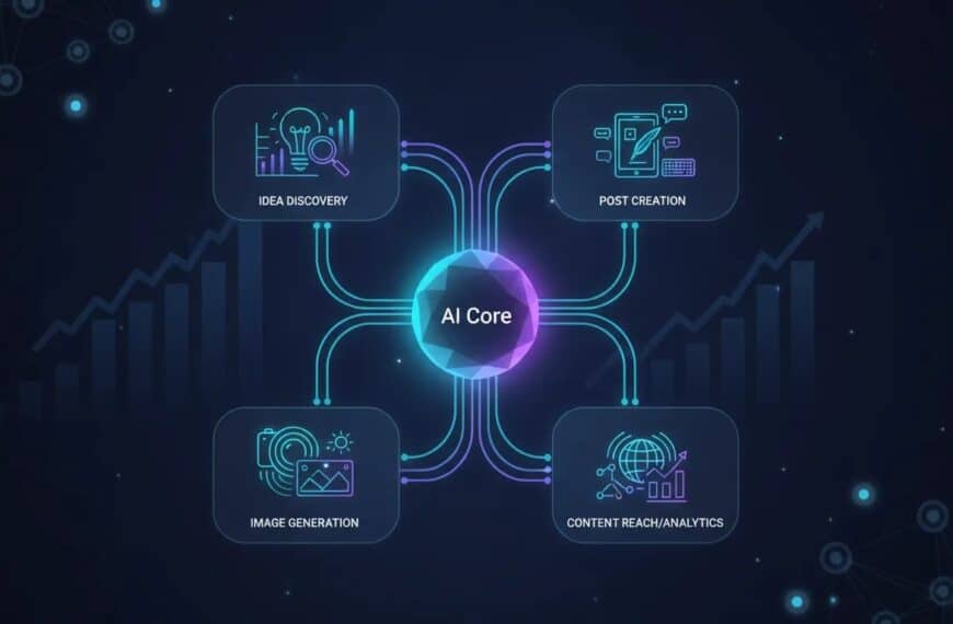Futuristic illustration of an AI content creation workflow with glowing nodes for trending ideas, post generation, image creation, and content reach—no text.