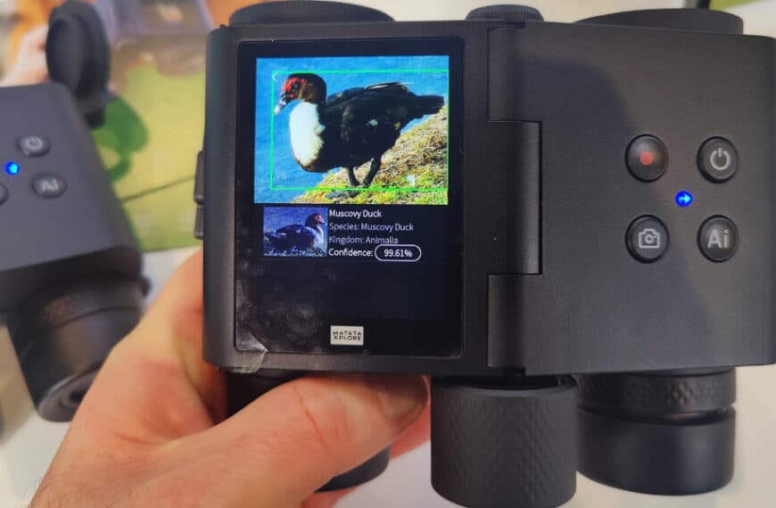 A hand holds binoculars displaying a screen that identifies a Muscovy duck with 85.8% confidence using AI image recognition.