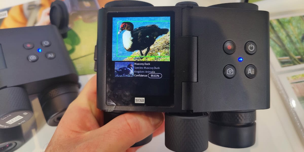 A hand holds binoculars displaying a screen that identifies a Muscovy duck with 85.8% confidence using AI image recognition.