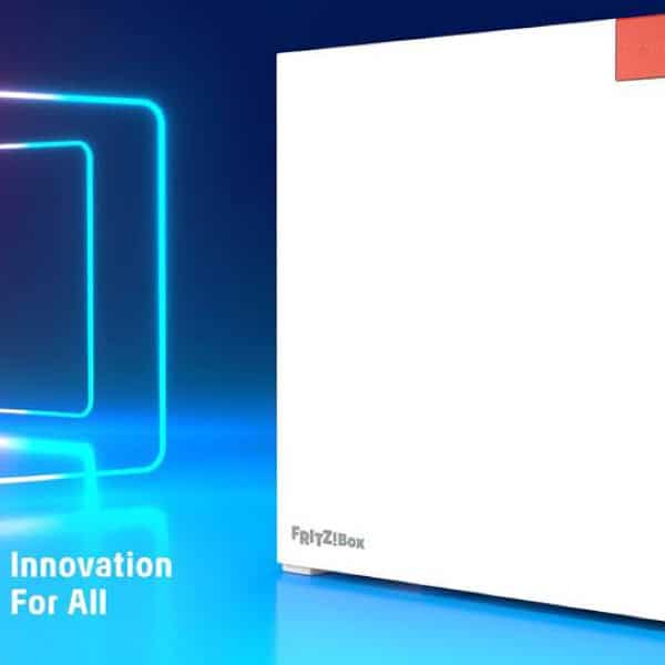 A white rectangular device labelled “Fritz!Box” is displayed next to neon outlined squares and “IFA Innovation For All” text on a blue background.