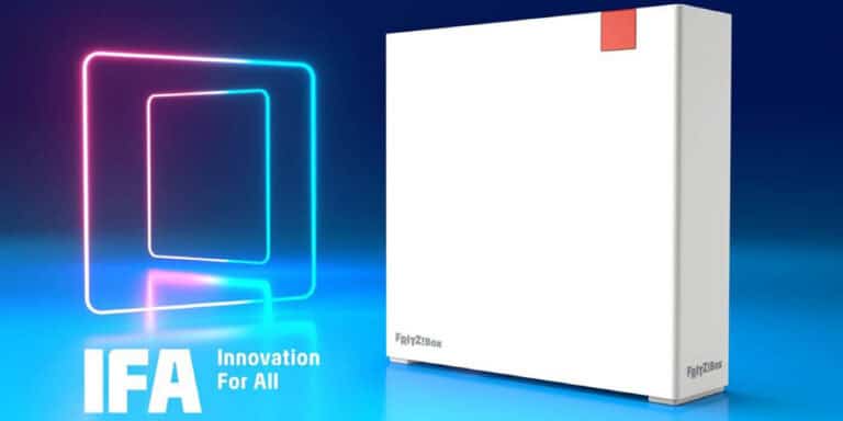 A white rectangular device labelled “Fritz!Box” is displayed next to neon outlined squares and “IFA Innovation For All” text on a blue background.