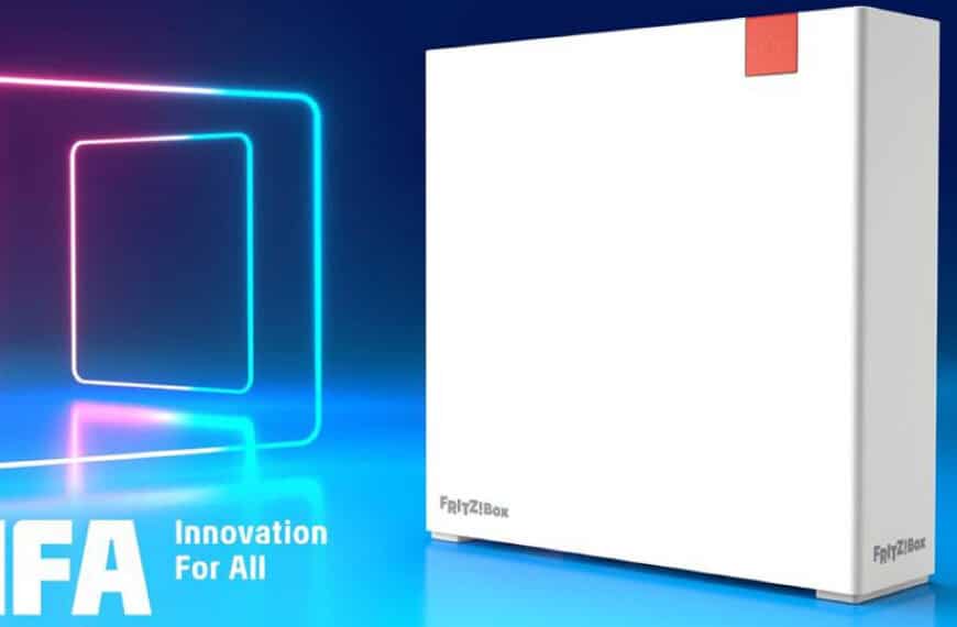 A white rectangular device labelled “Fritz!Box” is displayed next to neon outlined squares and “IFA Innovation For All” text on a blue background.