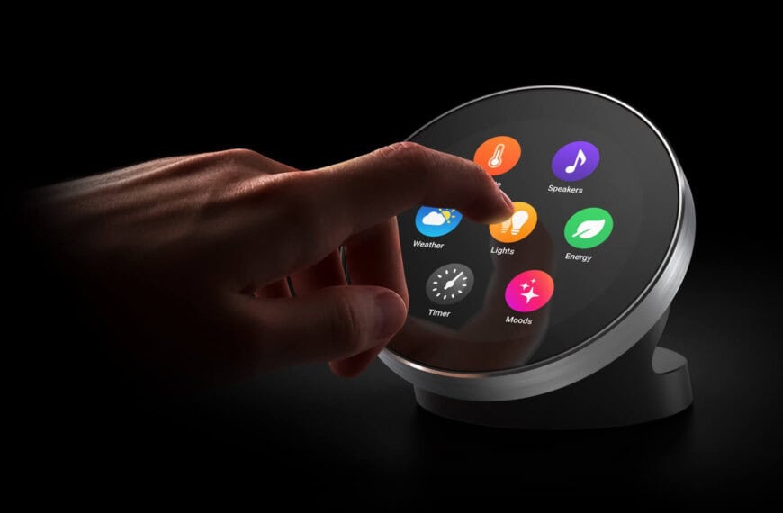 A hand selects the “Lights” icon on a circular smart home touchscreen displaying various control options against a black background.