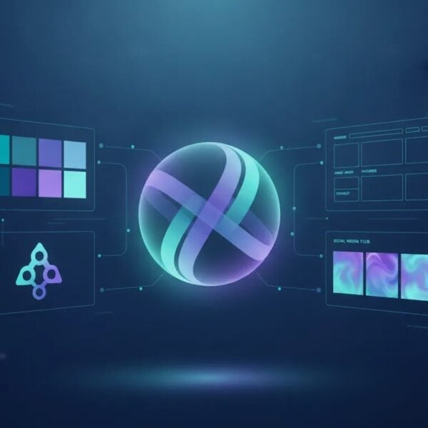 Abstract illustration of an AI branding platform generating a unified brand identity, website draft, and marketing assets with connected holographic elements and icons, no text.