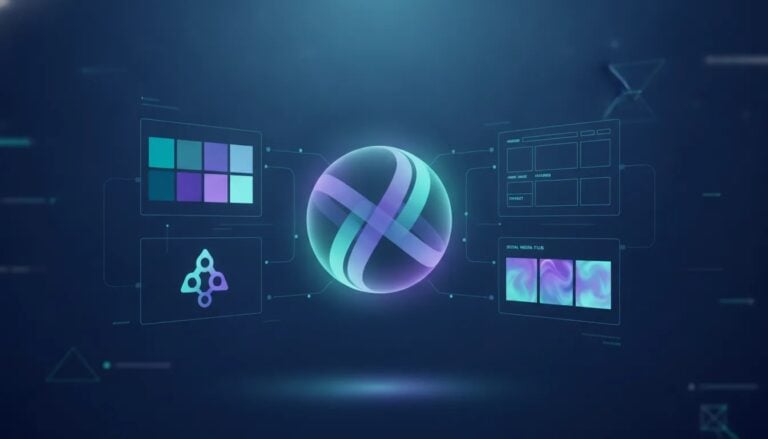 Abstract illustration of an AI branding platform generating a unified brand identity, website draft, and marketing assets with connected holographic elements and icons, no text.