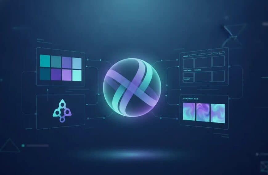 Abstract illustration of an AI branding platform generating a unified brand identity, website draft, and marketing assets with connected holographic elements and icons, no text.