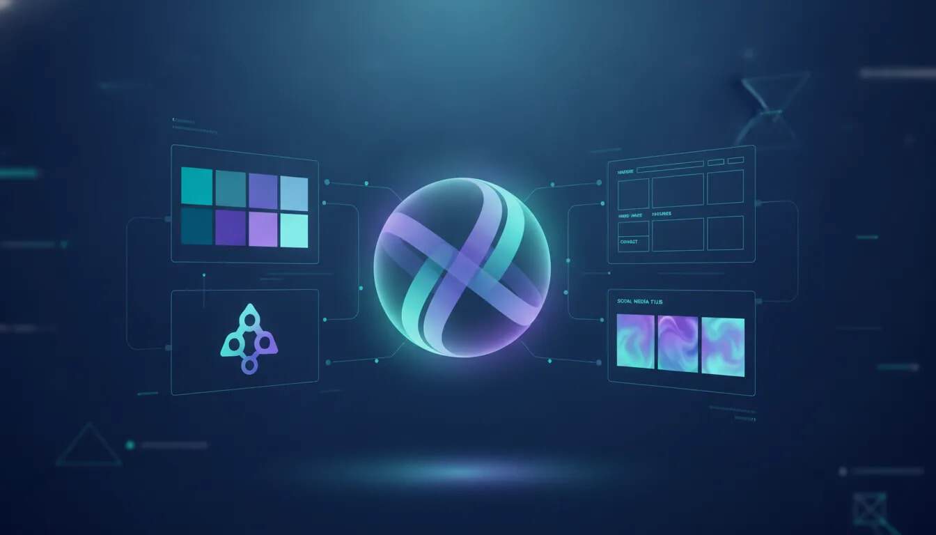 Abstrakte Illustration einer KI-Branding-Plattform, die eine einheitliche Markenidentität, einen Website-Entwurf und Marketingmaterialien mit verbundenen holografischen Elementen und Symbolen generiert, kein Text.
