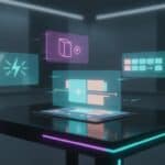 Futuristic AI video generation concept with glowing multi-scene holographic panels and marketing hook visuals around a laptop, no text.