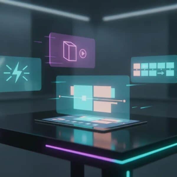 Futuristic AI video generation concept with glowing multi-scene holographic panels and marketing hook visuals around a laptop, no text.