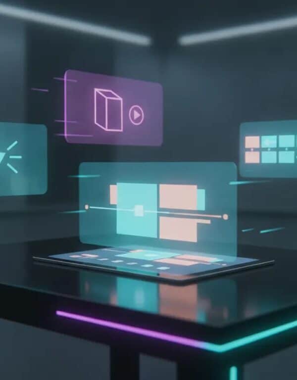 Futuristic AI video generation concept with glowing multi-scene holographic panels and marketing hook visuals around a laptop, no text.