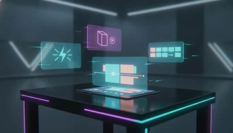 Futuristic AI video generation concept with glowing multi-scene holographic panels and marketing hook visuals around a laptop, no text.
