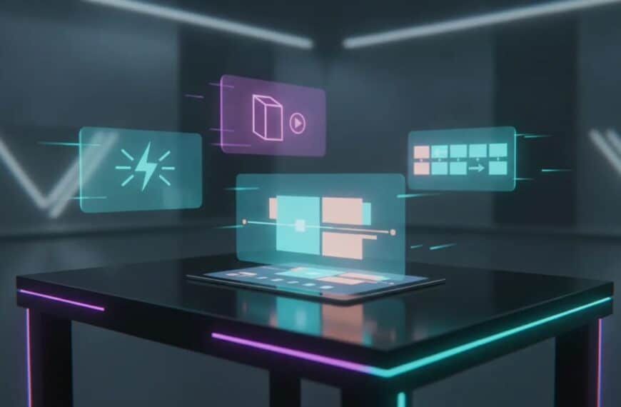 Futuristic AI video generation concept with glowing multi-scene holographic panels and marketing hook visuals around a laptop, no text.