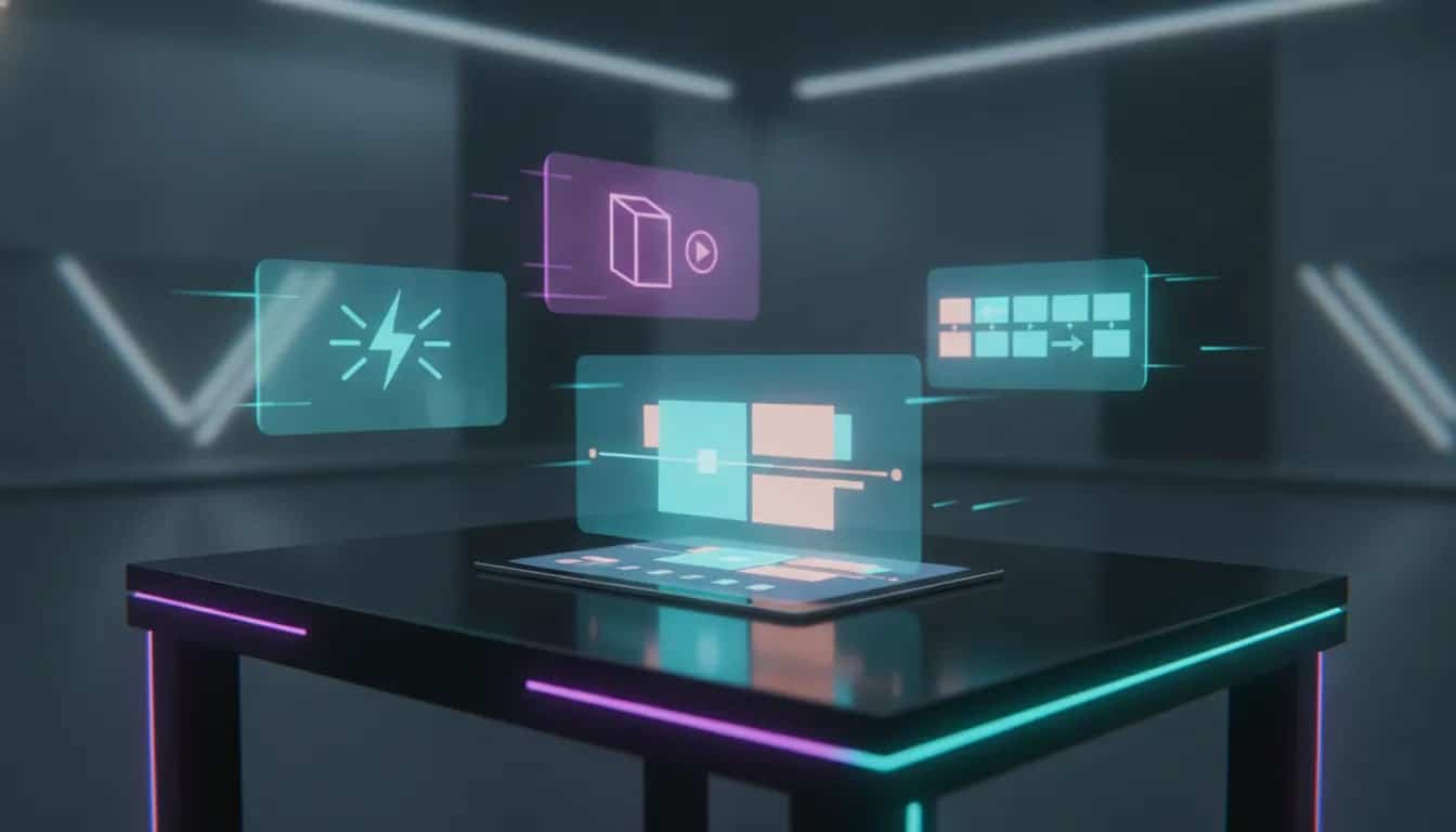 Futuristic AI video generation concept with glowing multi-scene holographic panels and marketing hook visuals around a laptop, no text.