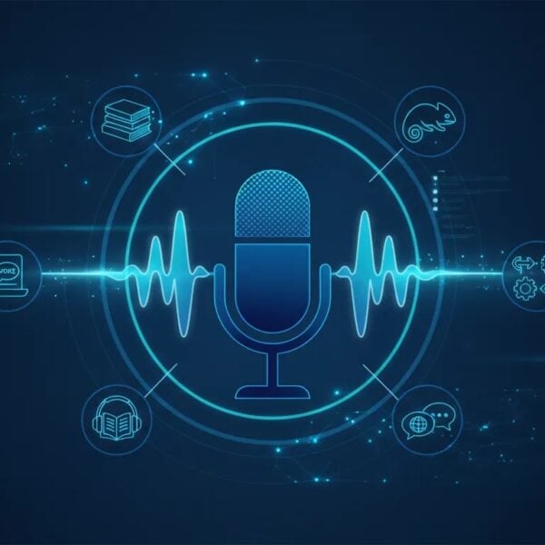 Abstract illustration of an AI voice generator workflow with a microphone silhouette, sound waveforms, and connected nodes suggesting voice cloning, audiobooks, and API automation.