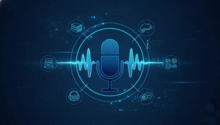 Abstract illustration of an AI voice generator workflow with a microphone silhouette, sound waveforms, and connected nodes suggesting voice cloning, audiobooks, and API automation.