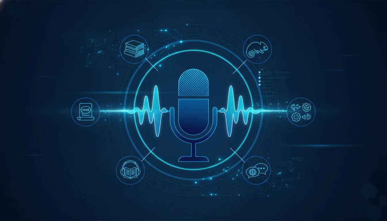 Abstract illustration of an AI voice generator workflow with a microphone silhouette, sound waveforms, and connected nodes suggesting voice cloning, audiobooks, and API automation.
