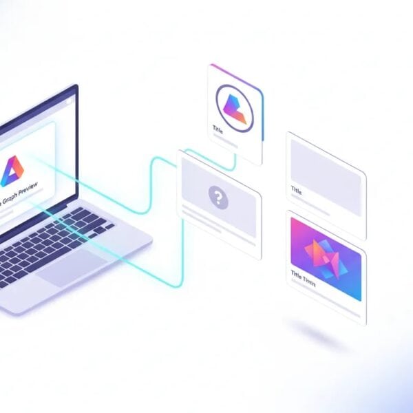 Illustration showing corrected and incorrect Open Graph social media preview image layouts, with multiple share preview cards and a website preview connected by glowing lines