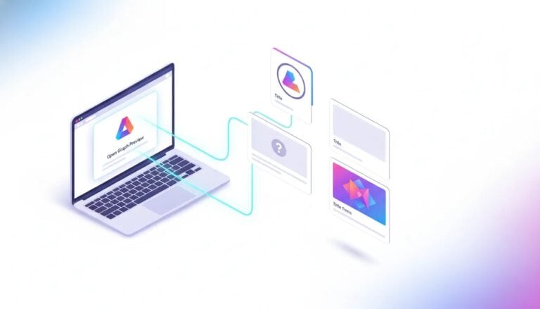 Illustration showing corrected and incorrect Open Graph social media preview image layouts, with multiple share preview cards and a website preview connected by glowing lines