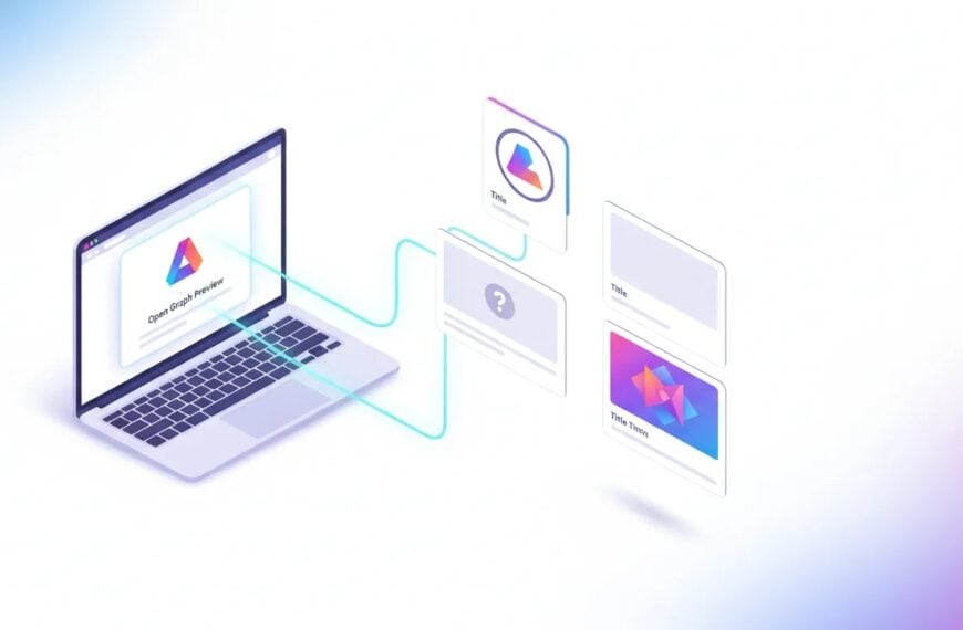 Illustration showing corrected and incorrect Open Graph social media preview image layouts, with multiple share preview cards and a website preview connected by glowing lines