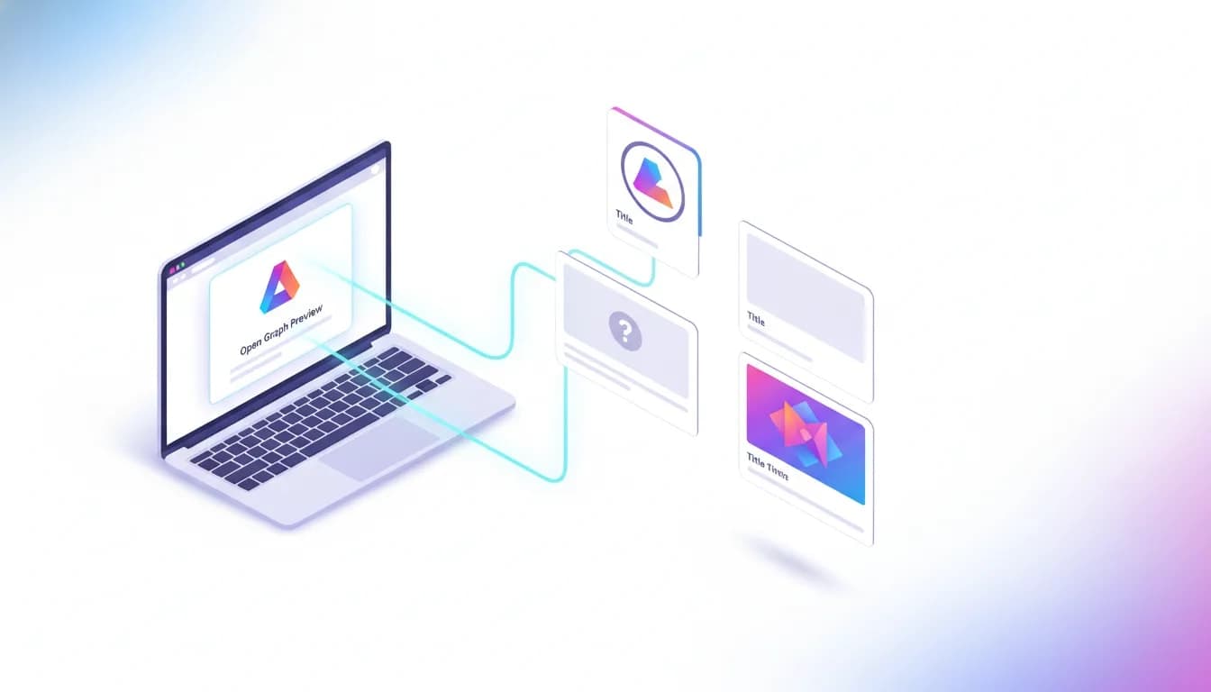 Illustration, die korrigierte und falsche Vorschau-Layouts von Open-Graph-Social-Media-Bildern zeigt, mit mehreren Share-Preview-Karten und einer Website-Vorschau, die durch leuchtende Linien verbunden sind