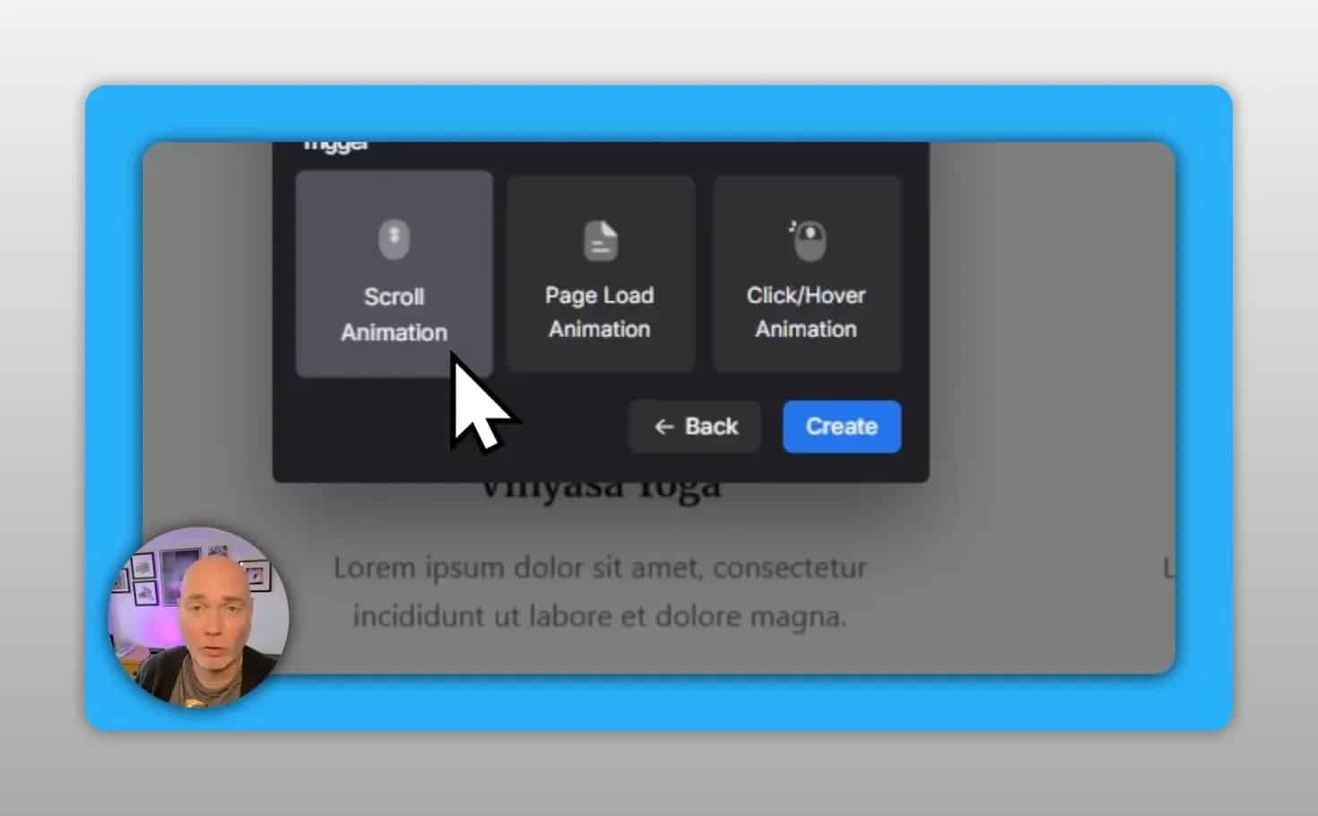Erstelle einen Dialog zur Animation, der Optionen für das Laden von Scroll-Seiten und das Auslösen von Klick-Hover-Animationen anzeigt