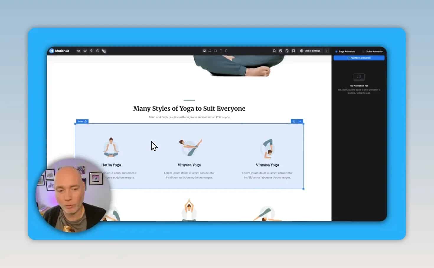 MotionKit visueller Editor mit einem hervorgehobenen Abschnitt von Yoga-Kurskarten