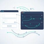 Illustration showing a WordPress page connected to a no-code visual animation editor with motion lines and keyframe-style icons, representing interactive animations added via MotionKit.