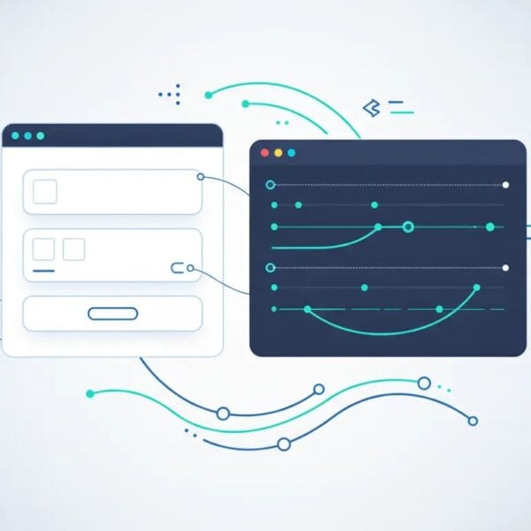 Illustration showing a WordPress page connected to a no-code visual animation editor with motion lines and keyframe-style icons, representing interactive animations added via MotionKit.