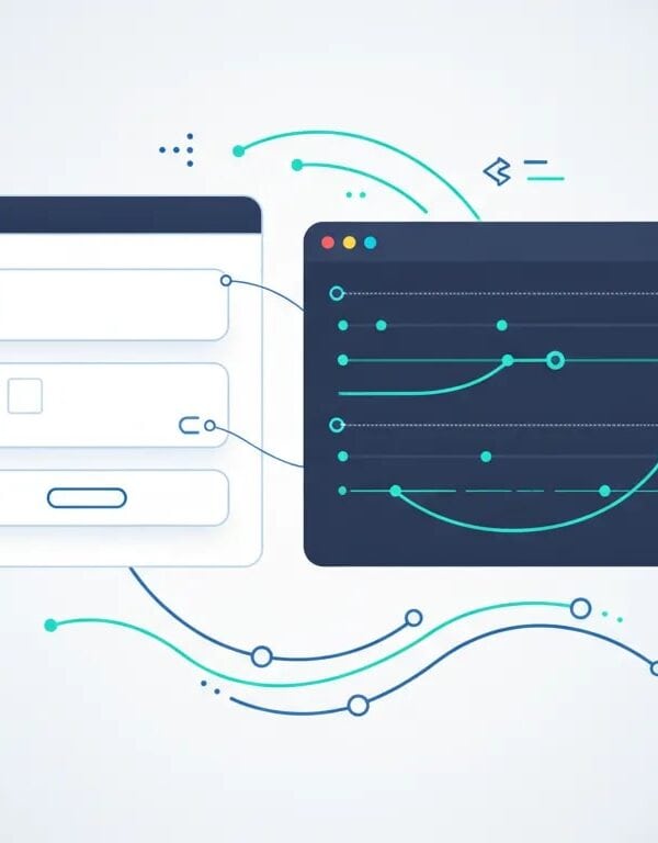 Illustration showing a WordPress page connected to a no-code visual animation editor with motion lines and keyframe-style icons, representing interactive animations added via MotionKit.