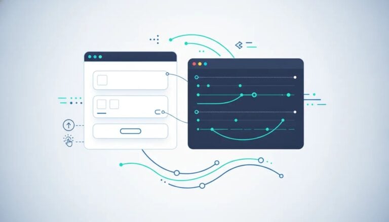 Illustration showing a WordPress page connected to a no-code visual animation editor with motion lines and keyframe-style icons, representing interactive animations added via MotionKit.