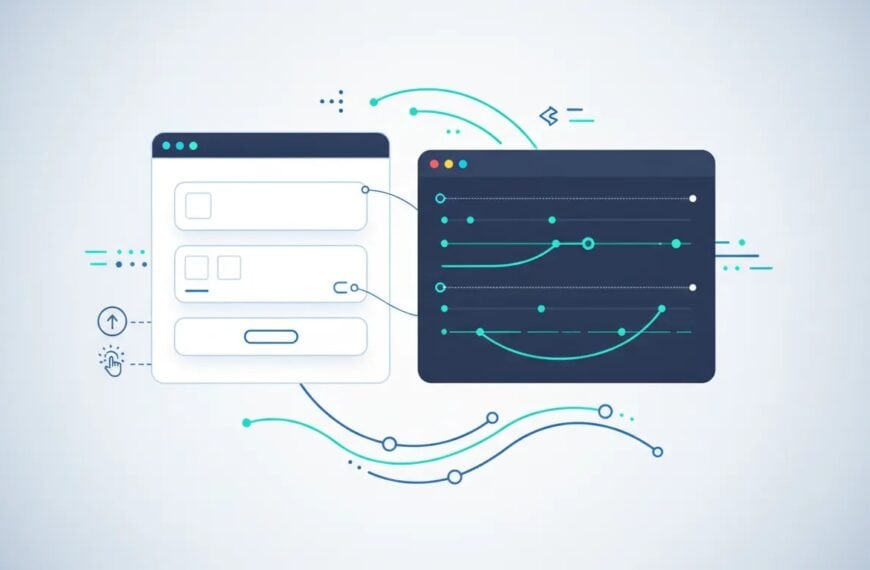 Illustration showing a WordPress page connected to a no-code visual animation editor with motion lines and keyframe-style icons, representing interactive animations added via MotionKit.