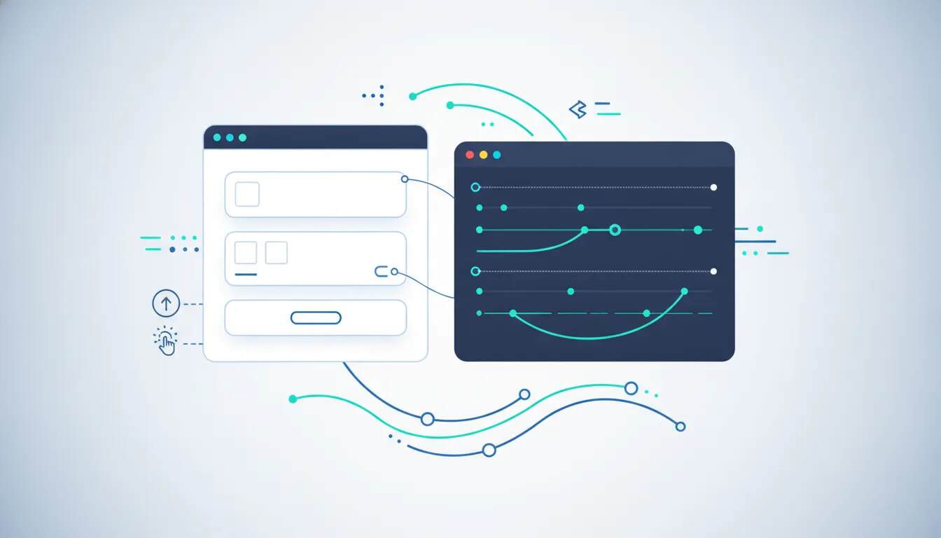 Illustration, die eine WordPress-Seite zeigt, die mit einem No-Code-Visual-Animationseditor mit Bewegungslinien und Keyframe-Symbolen verbunden ist und interaktive Animationen darstellt, die über MotionKit hinzugefügt wurden.