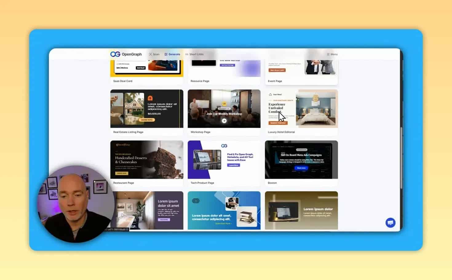 Seite mit Open-Graph-Vorlagen, die eine Rasteransicht von bunten Vorlagen-Thumbnails anzeigt