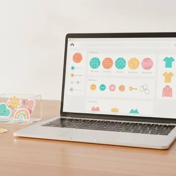 Illustration of a laptop e-commerce storefront concept with sticker products and blank sticker sheets, representing starting a sticker business online