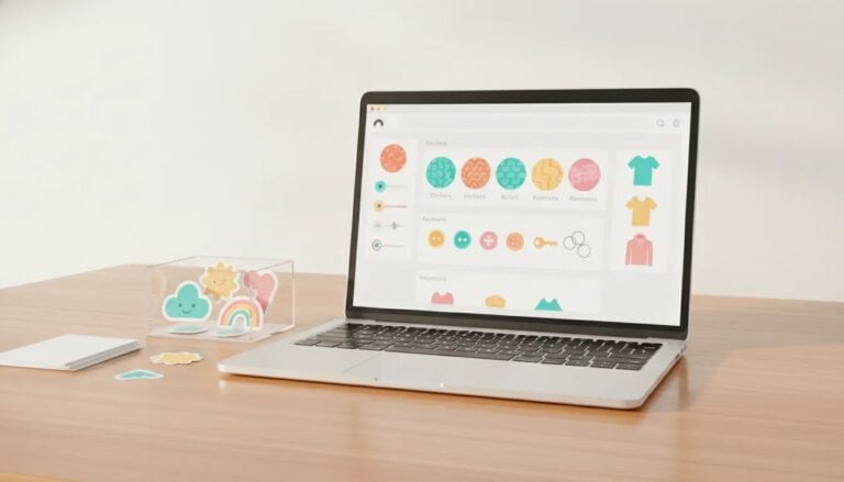 Illustration of a laptop e-commerce storefront concept with sticker products and blank sticker sheets, representing starting a sticker business online