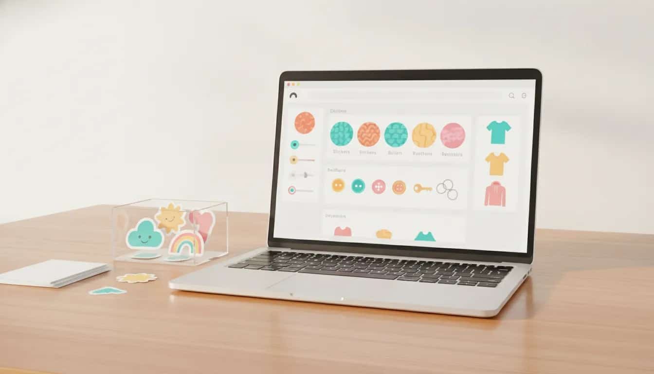Illustration of a laptop e-commerce storefront concept with sticker products and blank sticker sheets, representing starting a sticker business online