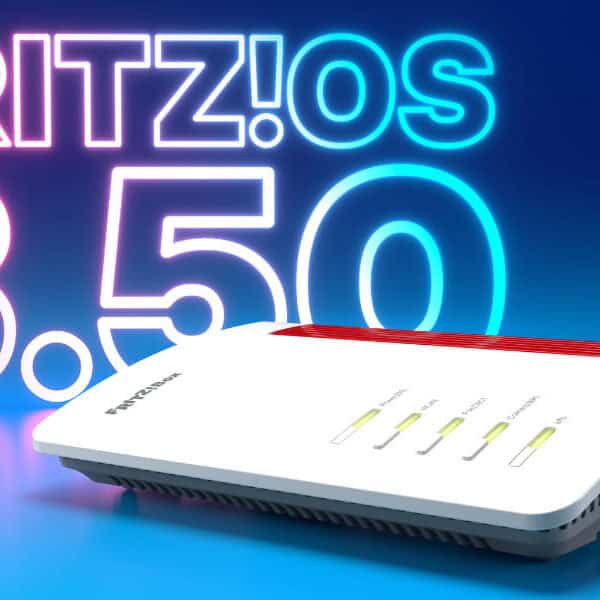 A white FRITZ!Box router on a blue surface with “FRITZ!OS 8.50” in large neon letters behind it.