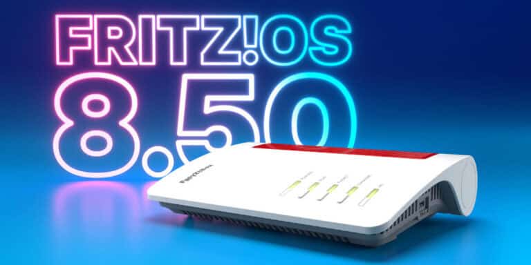 A white FRITZ!Box router on a blue surface with “FRITZ!OS 8.50” in large neon letters behind it.