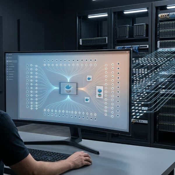 A person sits at a desk facing a computer monitor that displays a data flow diagram, with light trails connecting the screen to server racks in the background.