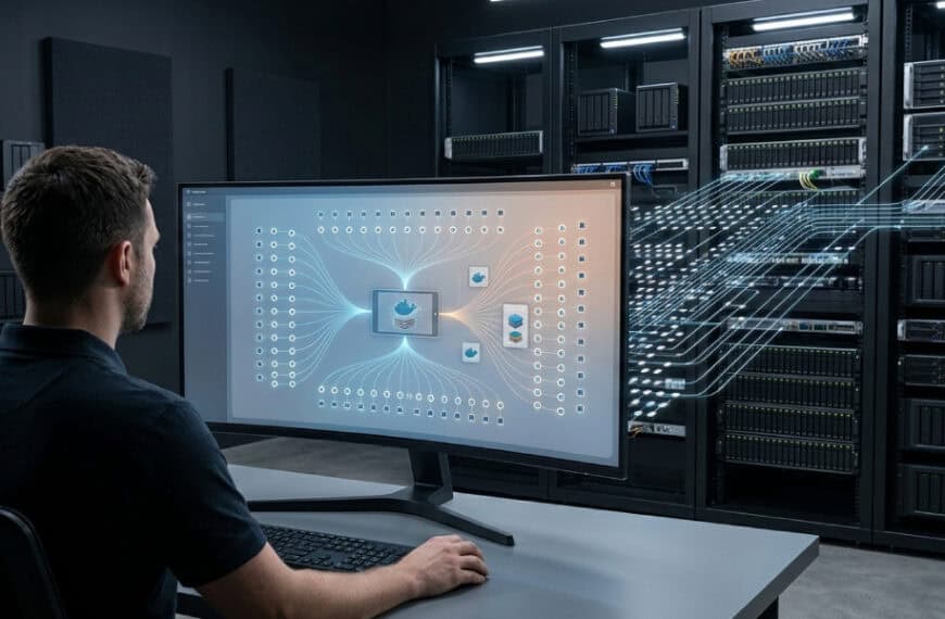 A person sits at a desk facing a computer monitor that displays a data flow diagram, with light trails connecting the screen to server racks in the background.