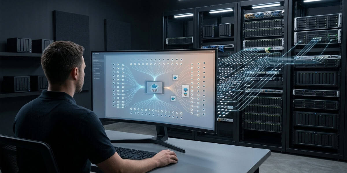 Eine Person sitzt an einem Schreibtisch und blickt auf einen Computermonitor, auf dem ein Datenflussdiagramm angezeigt wird, wobei Lichtspuren den Bildschirm mit Serverracks im Hintergrund verbinden.