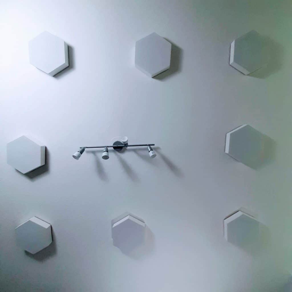 GIK Acoustic Hexagonal Panels mounted on the ceiling.